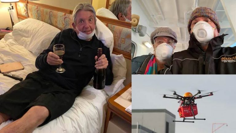 Drone entrega vinhos para casal que está no cruzeiro em quarentena por coronavírus